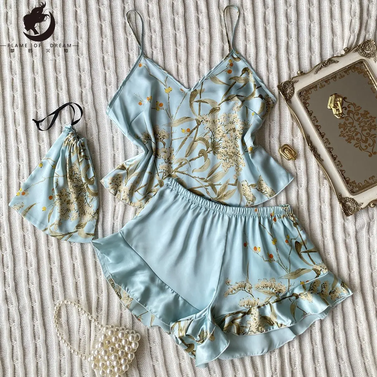 Summer Silk Pajamas Two-piece Fashion Printed Shorts Home Wear Suit Sexy Suspender pajamas 3015