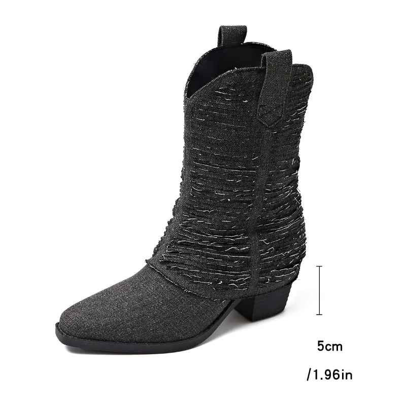 AJGS/женские ботинки на платформе в стиле вестерн осень 2024 плиссированные синие