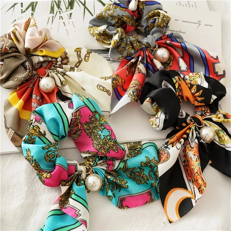 

Boho Vintage Print Elastic Hair Rubber Band Women Pearl Rabbit Ear Hair Tie Rope Girls Ethnic Ponytail Holder Hair Accessories