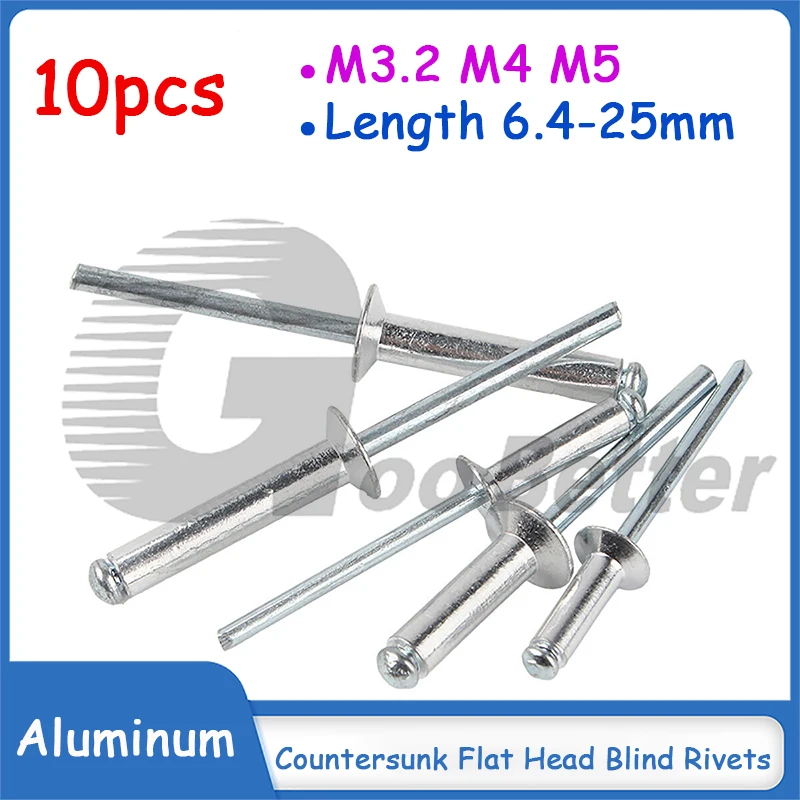 

10pcs M3.2(3.2mm) M4(4mm) M5(5mm) Aluminum Countersunk Head Open Blind Rivets Flat Head Rivet Length 6.4-25mm