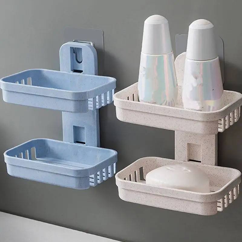 

Bathroom Suction Cup Soap Dishes Plastic Holders Wall-mounted Double-deck Creative Drainage Soap Storage Double Racks