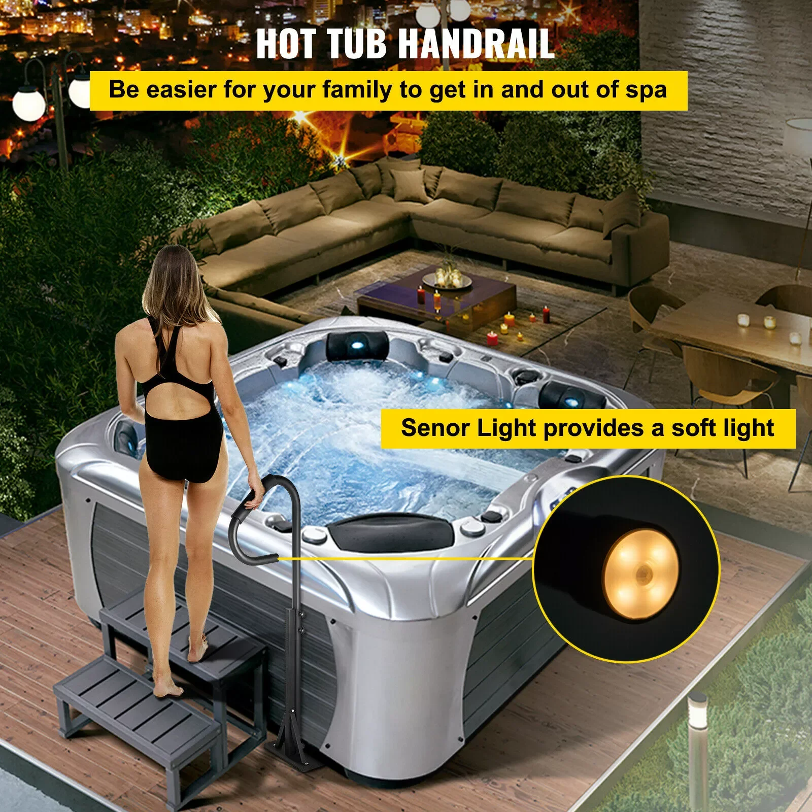 

57" Hot Tub Handrail Spa Side Handrail With Slide-Under Mount Base 600 LBS Load Capacity Heavy Iron Spa Side Step Black