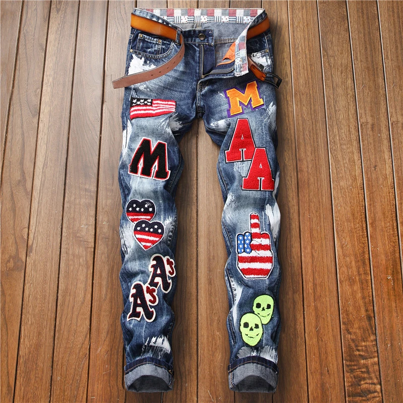 

Autumn New Style Small Straight Tube Jeans Patch National Flag Badge Paint Slimming Denim Trousers Trend Men's Fashion Pants