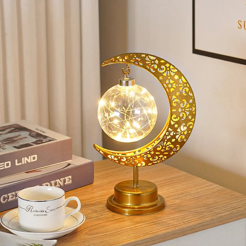 

2023 Hot LED Ramadan Moon/Star Lights Lamp Islamic Muslim Festival Decor Gold Table Lamp for Home Bedroom Ramadan Kareem Decor