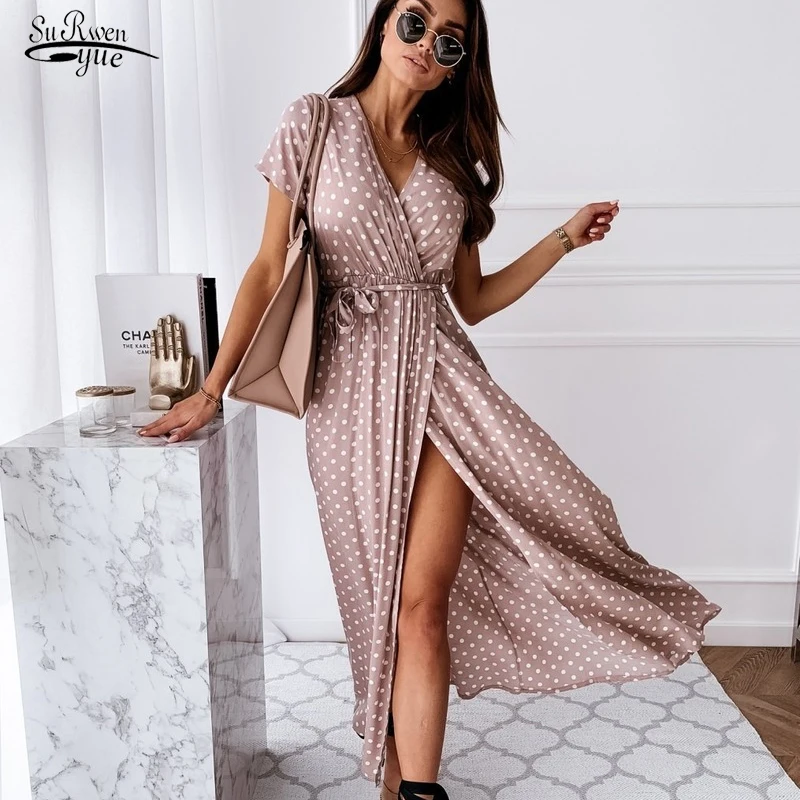 

V Neck Casual Office Lady Long Dress 2022 Summer Short Sleeve V-neck Bohemian Dress Polka Dot Printed Dress Vestidos Robe 22075