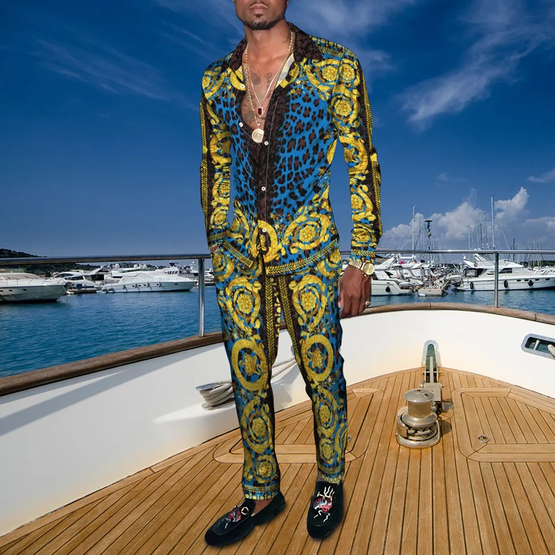 Spring Men's 3D Retro Harajuku Long-Sleeved Shirt With Trousers Two-Piece Set Sportswear Spring Style Male Shirts Casual Pants