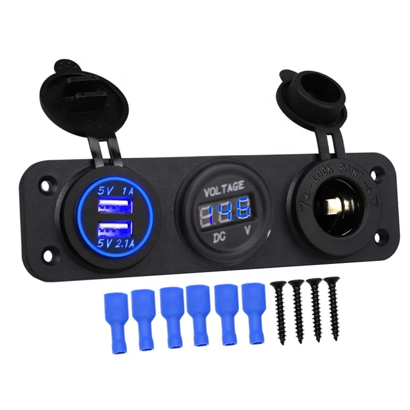

Dual USB Charger 12V Socket Voltmeter 3 Hole Panel Switch Car Boat Blue