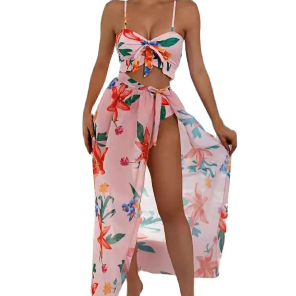 Женский комплект бикини с цветочным принтом на бретелях-спагетти со шнуровкой и