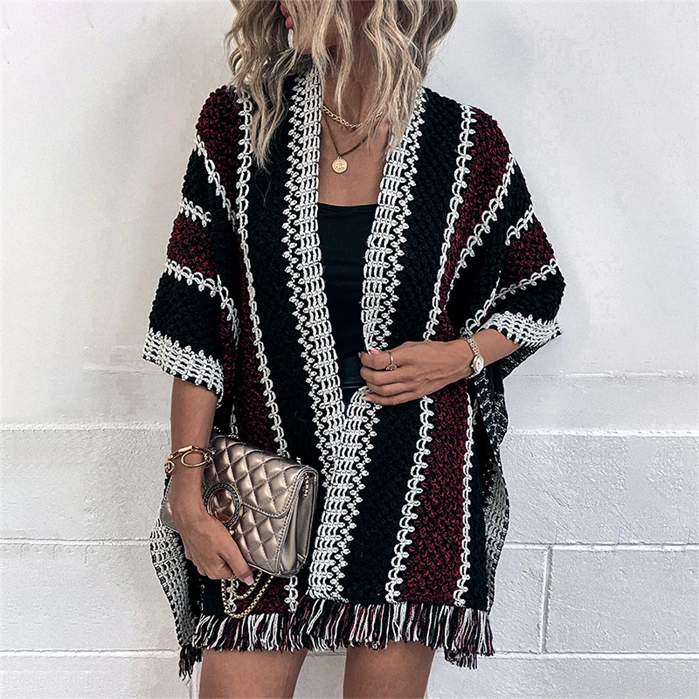 

Ladies Autumn & Winter Contrast Color Stitching Jacket Checkered Fringe Cape Scarf Loose Femme Chic Knit Shawl Cardigan