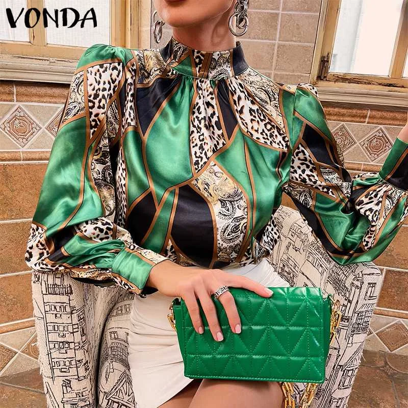 

Women Party Tops VONDA 2022 Vintage Leopard Printed High Neck Puff Sleeve Pleated Blouses Bohemian Blusas Femininas Chemise Tops