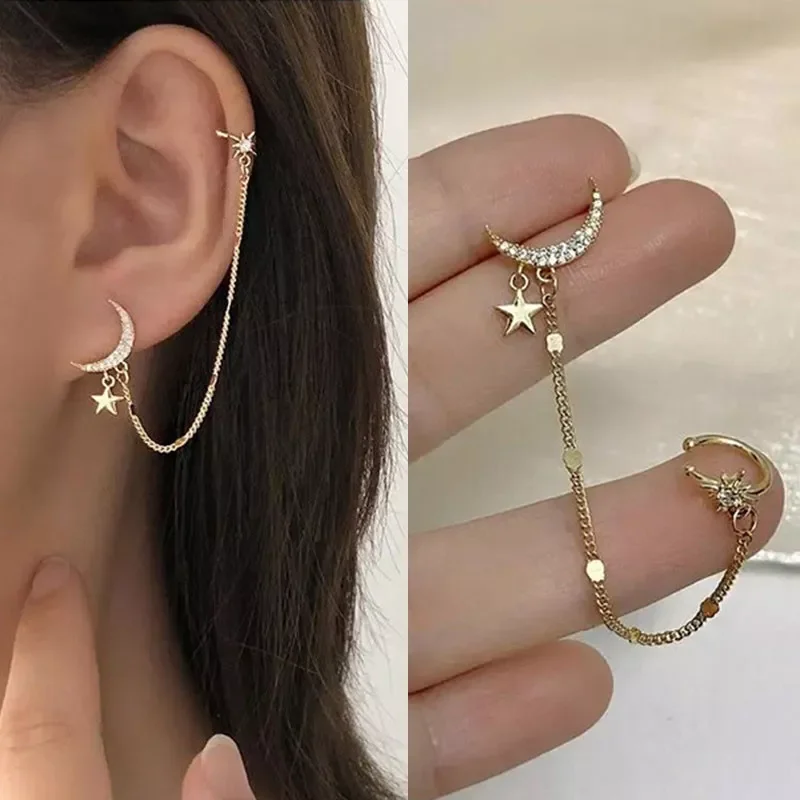 

1PC 2021 New Fashion Gold Color Moon Star Clip Earrings For Women Simple Fake Cartilage Long Tassel Ear Cuff Jewelry Gift