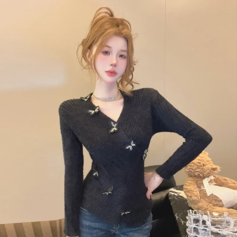 Милый свитер из ангоры с бабочкой женский нерегулярный воротник утягивающий