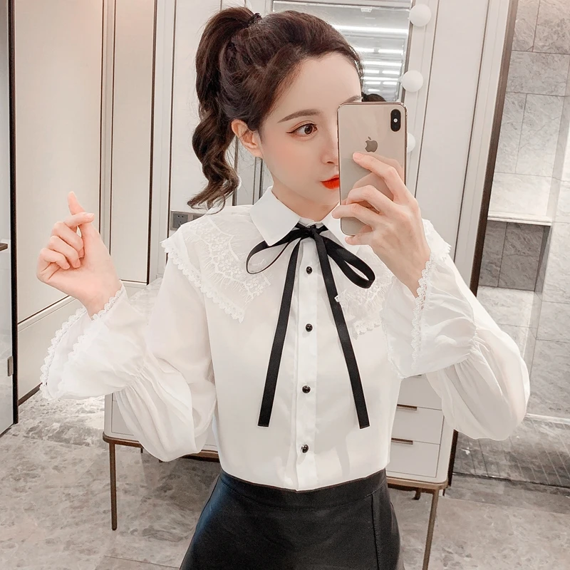 

Шифоновые свободные женские рубашки, новые модные топы, однотонные, с бантом, весна-осень, повседневные, милый и универсальный стиль с длинн...