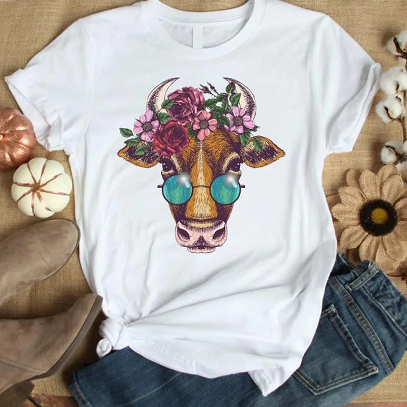 2022 Women T-shirt Floral Cow Flower Print Summer Women Graphic Tops Short Sleeve tshirt Femal tee shirt femme Street clothes