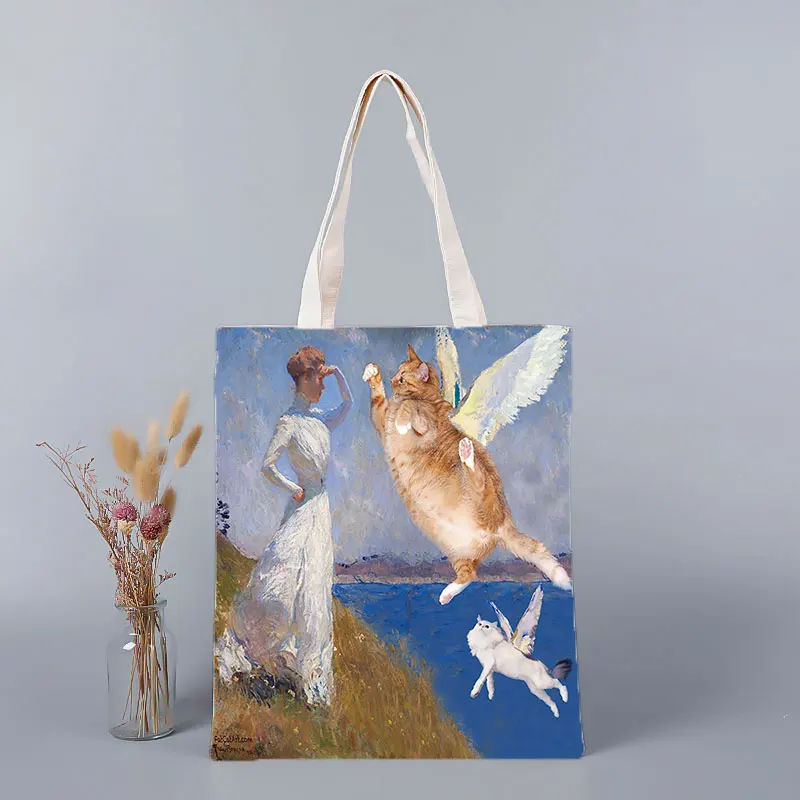 

Woman's Printed Cloth Shoulder Bag Canvas Designer Handbags Tote Travel Bag Cat Print Eco Shopping Woman Shopper Folding Beach