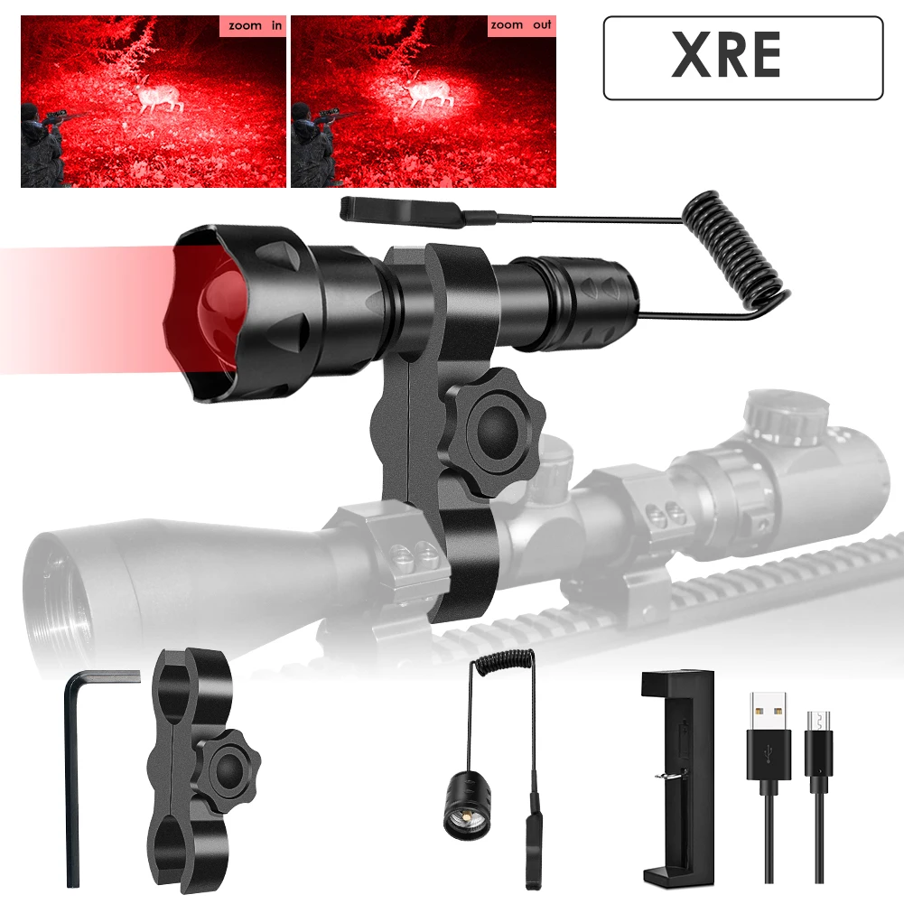 UniqueFrie T20 XRE LED Red Light 38mm Flashlight Full Set 3 Modes Zoomable Focus Portable Torch Tactical Waterproof For Hunting