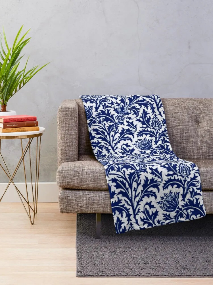 William Morris Thistle Damask Cobalt Blue and White Throw Blanket Custom |