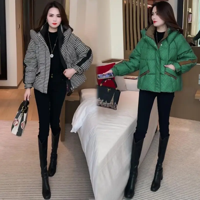 Пуховик контрастного цвета с узором гусиные лапки женская одежда на хлопковой