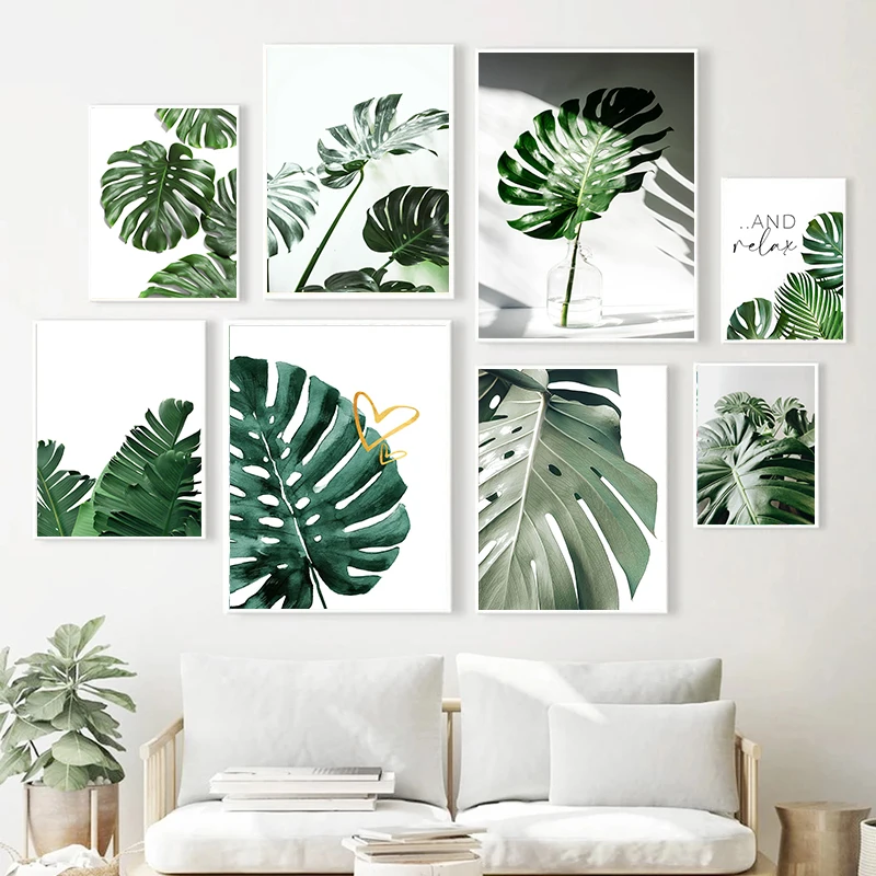 

Monstera, Тропическое растение, зеленые листья, ананас, скандинавский постер, холст, живопись, настенные картины, Современное украшение для дома