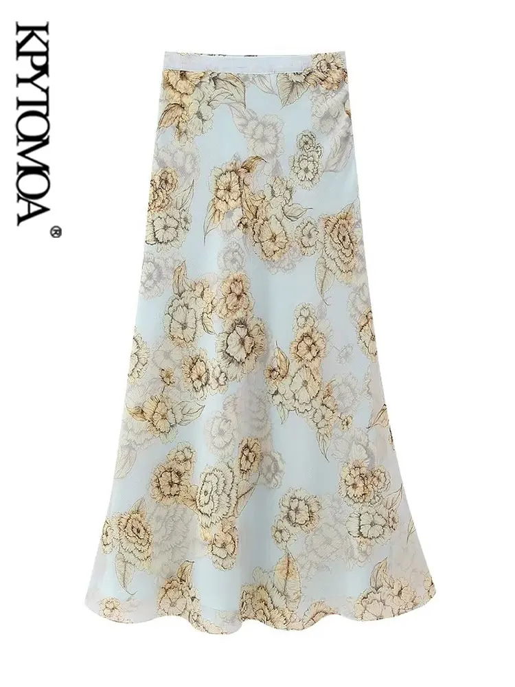 

KPYTOMOA Women Fashion Floral Print Midi Skirt Vintage High Waist Side Zipper Female Skirts Mujer
