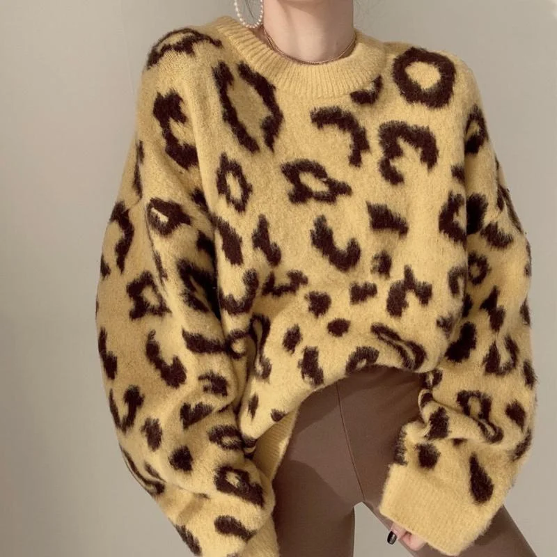 

Pullover Sweater Women Autumn Fashion Women Knitted Sweater Loose Leopard Print Sweaters