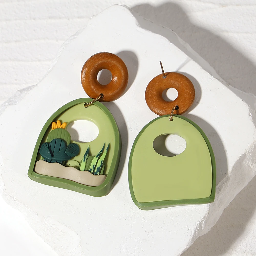 Серьги-подвески Lifefontier с зеленым кактусом