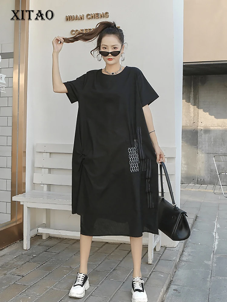 

XITAO Casual T-shirt Dress Loose Fashion Irregular Folds Splicing Hem Simplicity Contrast Color Patchwork Dress WMD5502