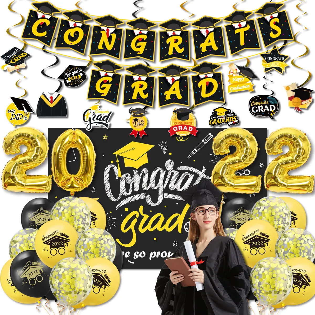 

2022 Graduation Season Party Decoration Graduate Graduation Ceremony Spiral Banner Balloon Set Happy Graduation College Party