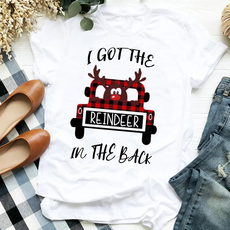 

Женская рождественская одежда в клетку с изображением грузовика и оленя в стиле 90-х Милая Праздничная трендовая женская футболка с графиче...