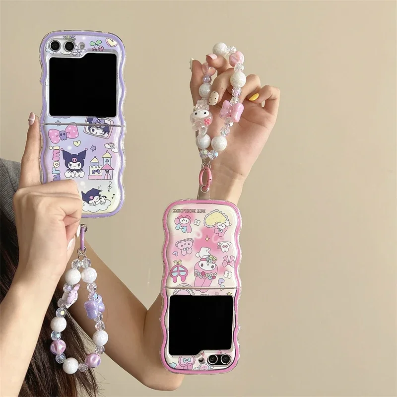 Милый мультяшный Sanrio Kuromi Melody Wave Frame чехол для телефона Samsung Galaxy Z Flip 6 5 мягкий из ТПУ
