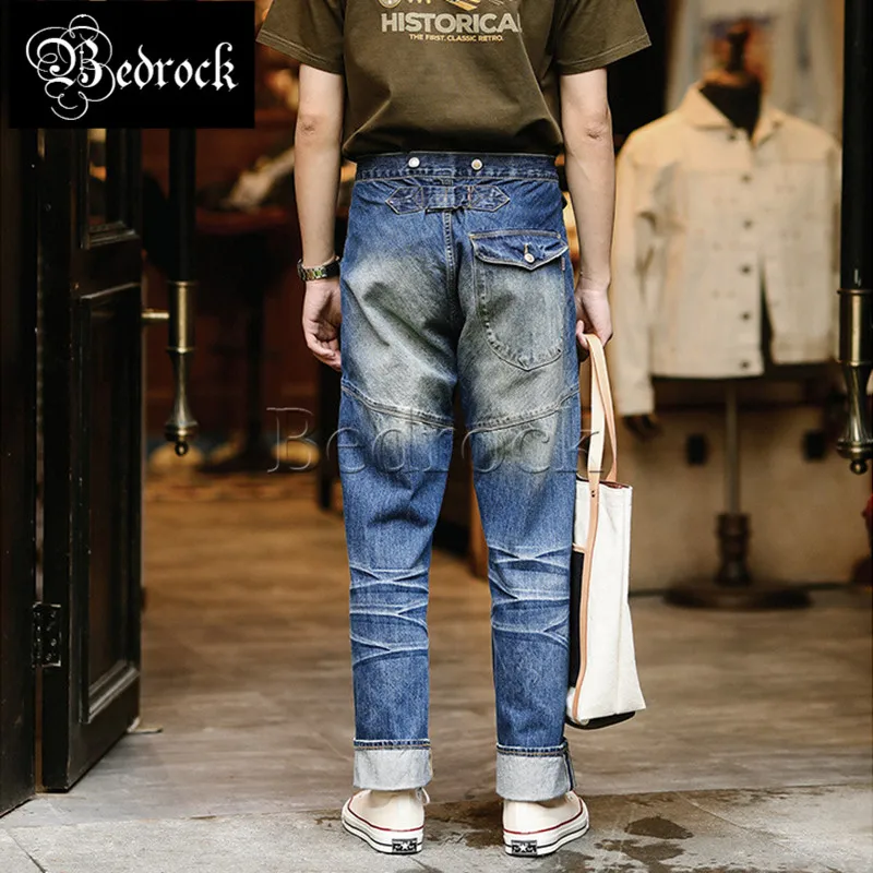 MBBCAR 14.5oz high quality heavy one wash selvedge denim jeans men distressed alternative design loose straight cargo pants 7362