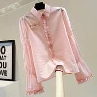 ruffled patchwork flared sleeves chiffon blouse 2022 spring summer korean style loose beads diamonds pink white shirt woman top