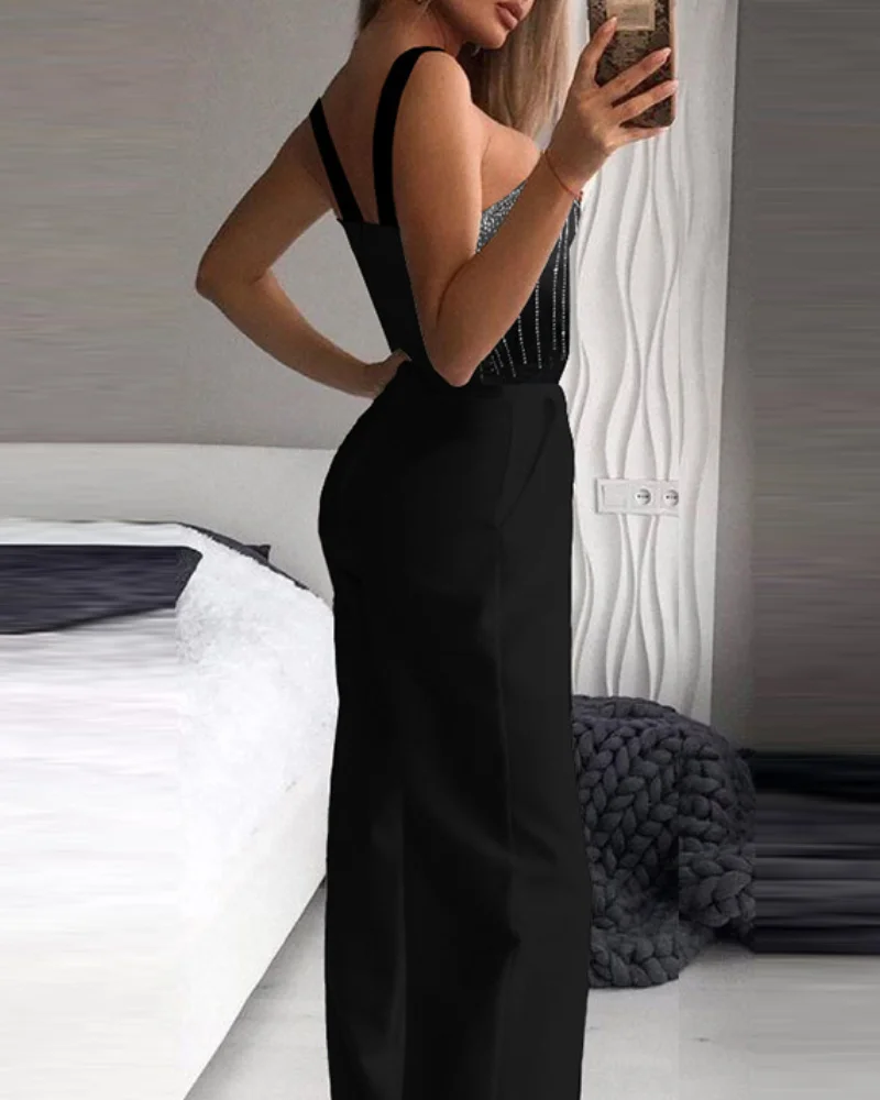 Sexy Women Hollow Out Backless Slim Jumpsuit 2023 Summer New Black Hot Drill Chic Lace-Up Sleeveless Waist Collection Jumpsuits