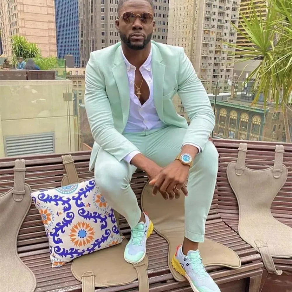 

Повседневный стильный темно-зеленый мужской костюм из 2 предметов (пиджак + брюки), облегающий смокинг для жениха, Модные индивидуальные сва...