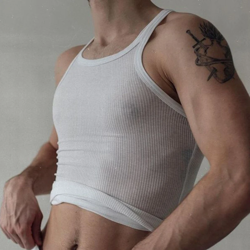 

Casual Summer Men Clothes Tank Tops 2023 Sleeveless Solid Mens Breathable Gym Shirts New Tight O-neck Knit T-shirts Streetwear