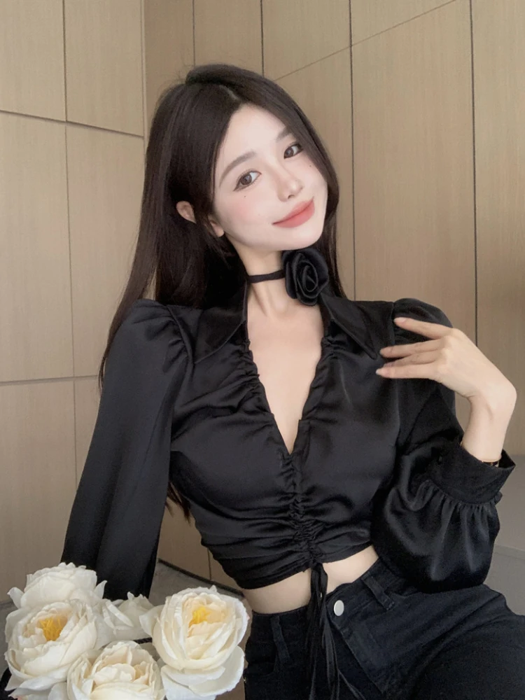 

Сексуальная шифоновая блузка Korobov с V-образным вырезом, 3D Цветочный кроп-топ во французском стиле, темпераментная рубашка с длинным рукавом, модные женские блузки, 2022