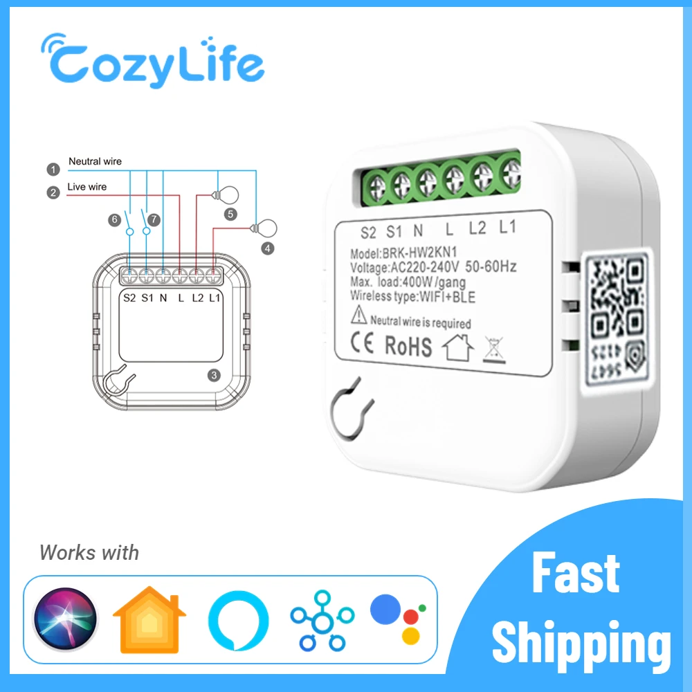 

2 Gang Mini Smart Switch Module,Support Apple HomeKit Siri Alexa,WiFi Wireless Timer Breaker 2 Way Control,Neutral Wire Required