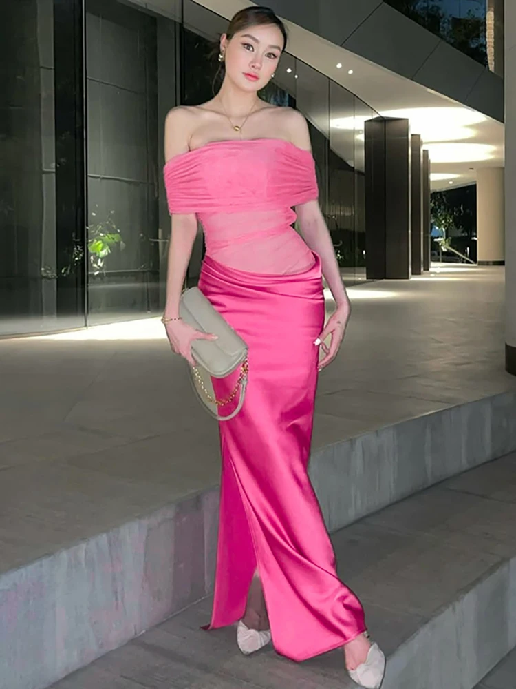 JULISSA MO Лоскутное сексуальное сетчатое женское платье с открытыми плечами черное