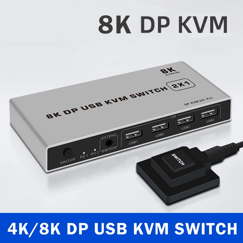 

NEW2023 8K Dual-port DP USB KVM 2x1 Displayport KVM Switch 4K@144hz 2-port USB KVM 8K Displayport 1.4 Switch KVM