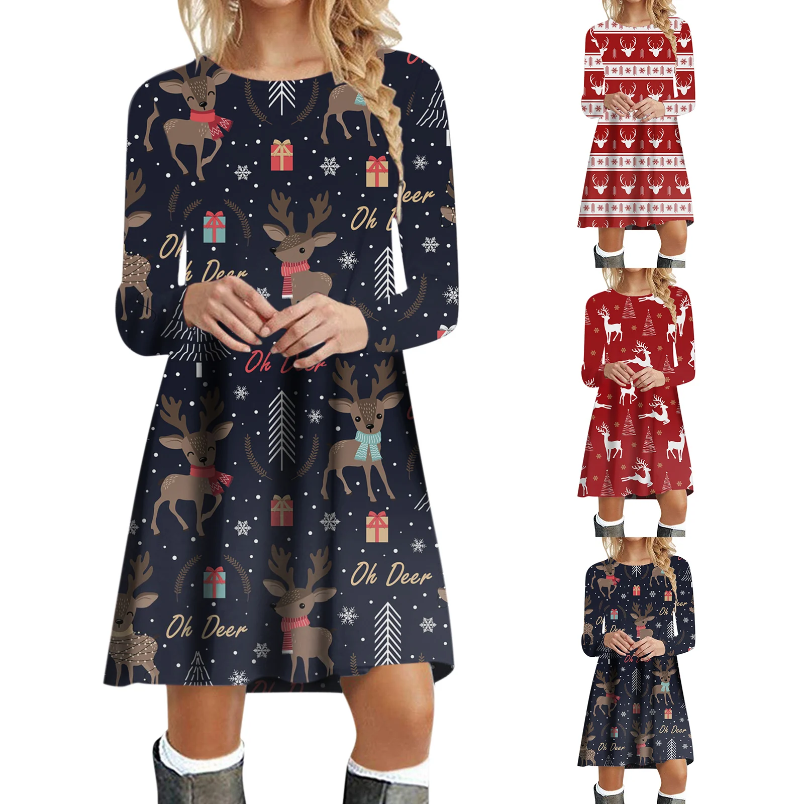 

Christmas Womens Long Sleeve Crew Neck Deer Printed Soft Dress Fashion Cocktail Party Swing Business Casual Dresses for Women