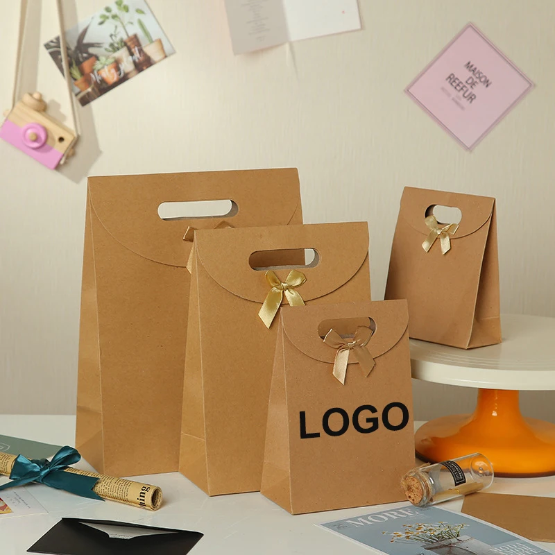 

5Pcs custom logo kraft gifts bag bow tie birthday gifts package bag christmas day gifts bag personization bag