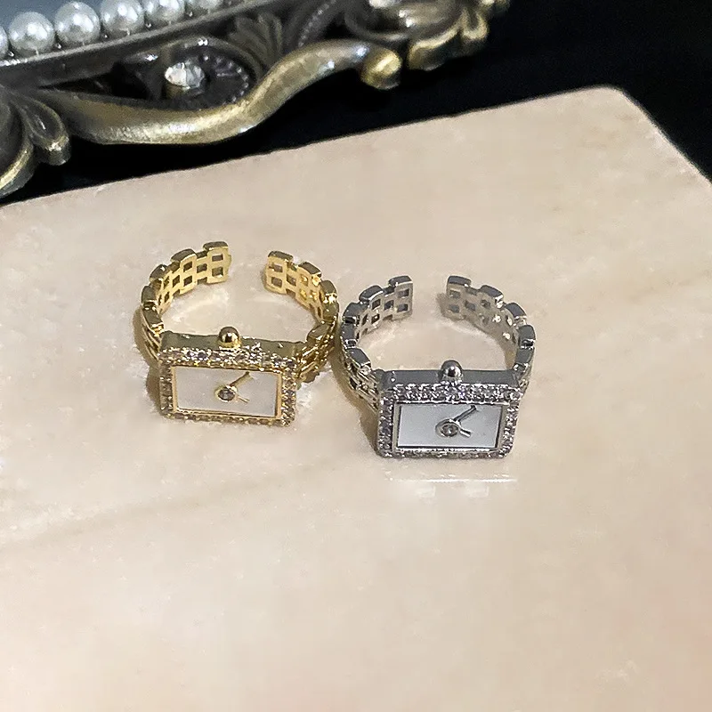 

Zircon Square Clock Chain Open Ring for Women Girls New Creative Luxury New Fashion Index Rings Jewelry Accessories Gift