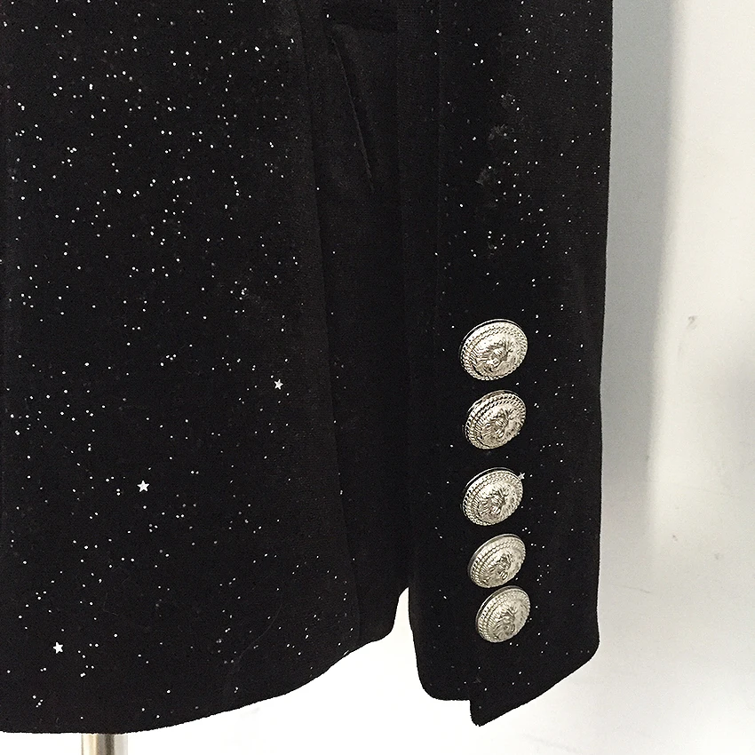 HIGH QUALITY New Fashion 2023 Fall Winter Designer Blazer Women's Lion Buttons Sheer Star Silver Glitter Velvet Blazer Coat