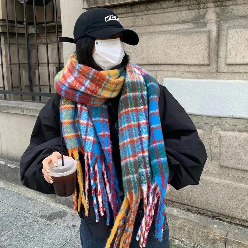 

Winter 2022 New Korean Knitted Tassel Double sided Rainbow Plaid Women's Scarf Thickened Warm Wrapped with Shoulder Tassel Scarf