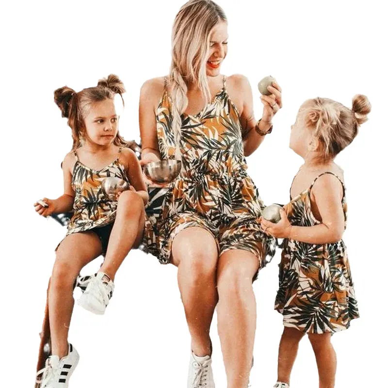 

Mother Daughter Family Matching Outfits Sleeveless Floral Dress Summer Cotton Girl Women Boho Loose Dresses Sundress Clothes