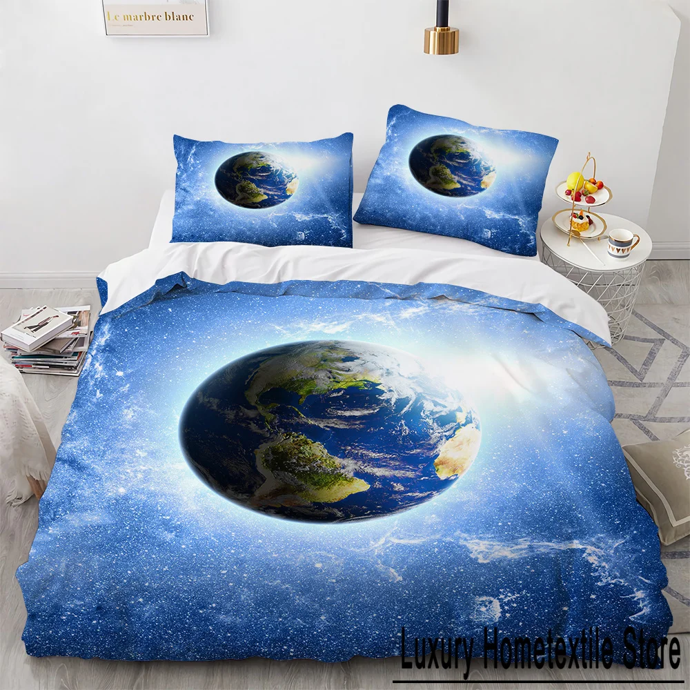 Galaxy Planet King Queen Duvet Cover Universe Sky Bedding Set 3D Blue Earth Outer Space Astronomy 2/3pcs Polyester Quilt