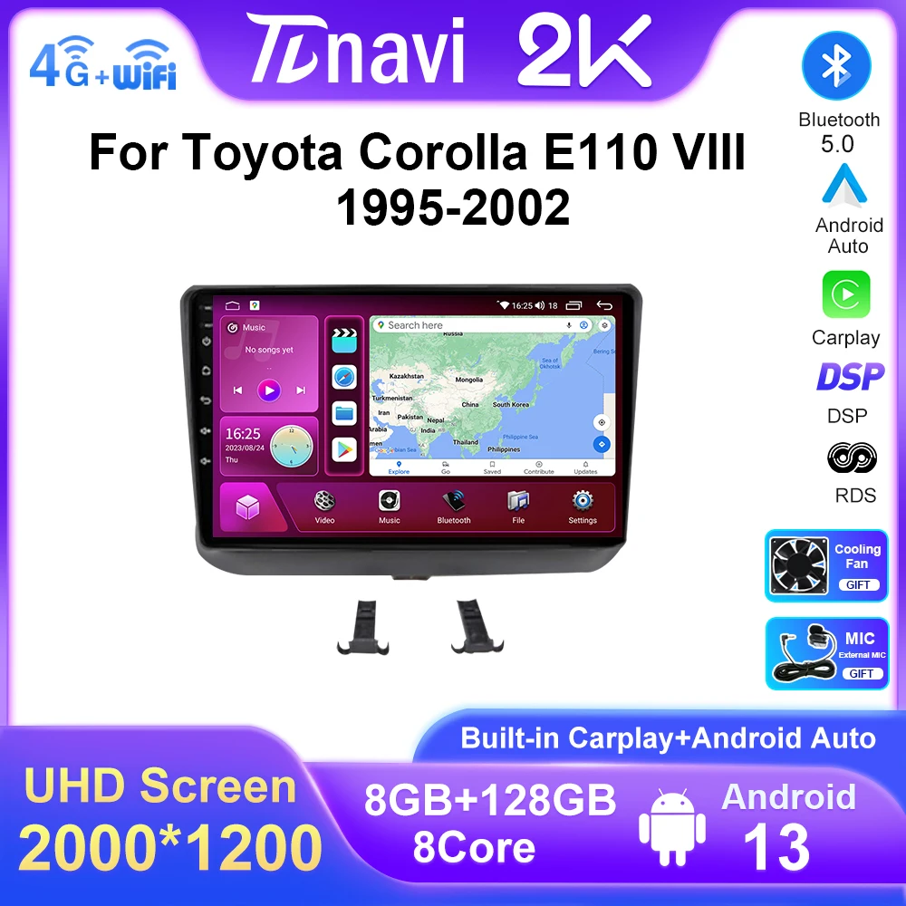 

2K Screen Android 13 Carplay For Toyota Corolla E110 VIII 1995 - 2002 Right Wheel Car Radio 4G WIFI GPS Navigation Player BT DSP