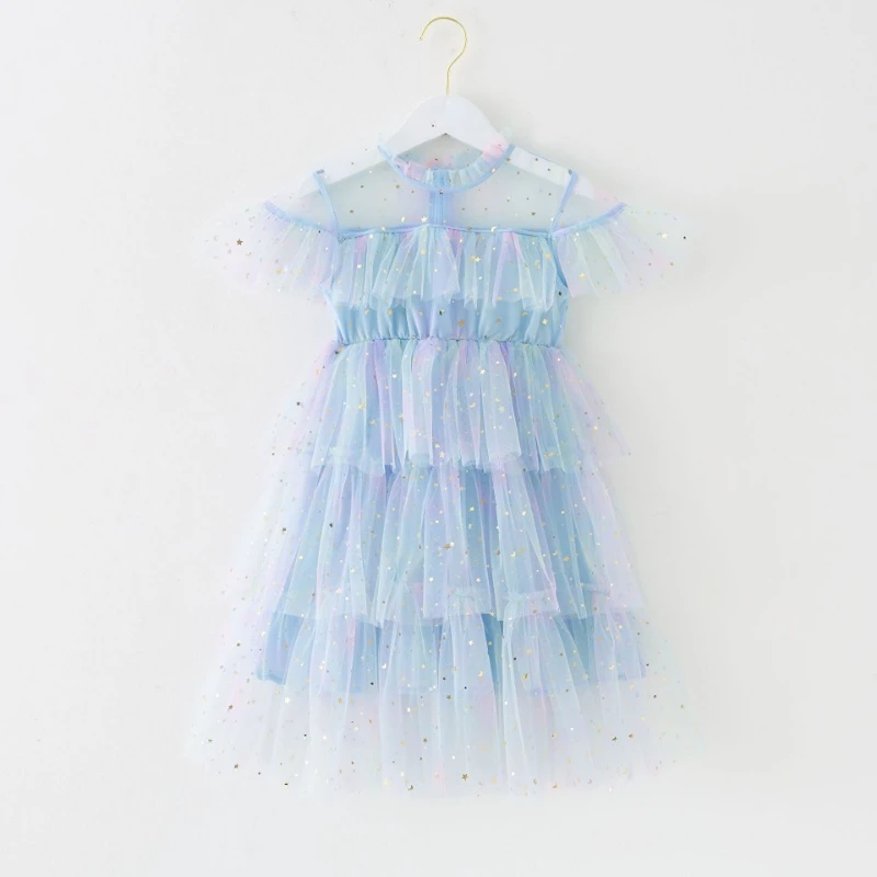 Платье для девочек с блестками и звездами Радужное Сетчатое Модное детское