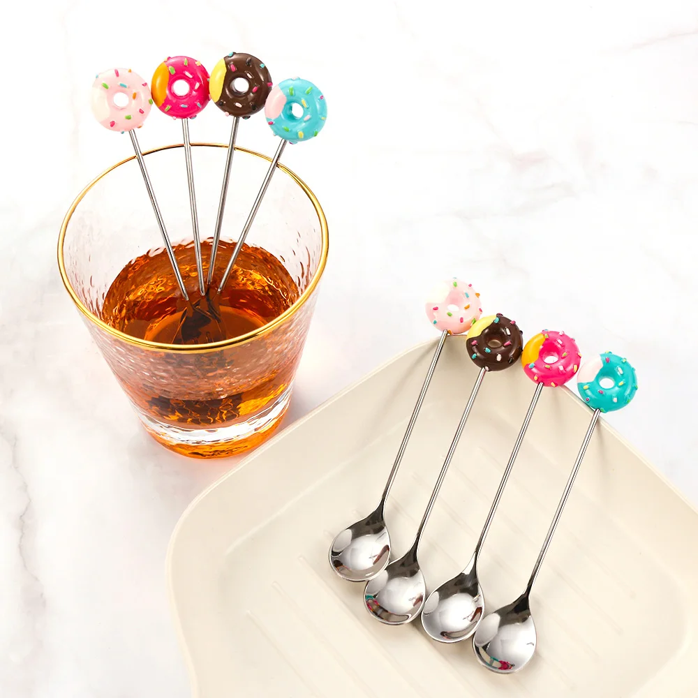 

Donut Cute Stainless Steel Scoop Doughnut Dessert Spoon Fork Coffee Ice Cream Candy Kitchen Flatware Baby Kids Dinnerware