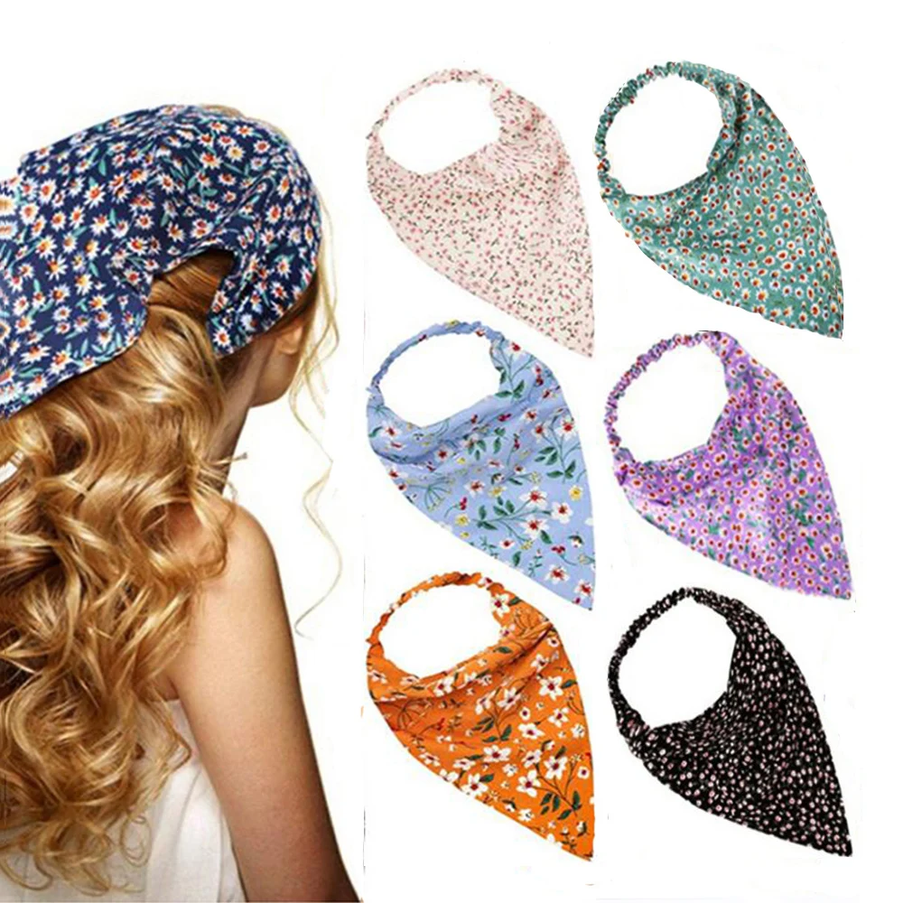 

Women Turban Triangular Scarf Pastoral Ethnic Style Elastic Hairband Chiffon Print Kerchief Bandana Girl Hair Scarfs Headwear